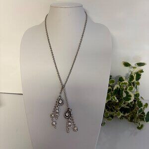 Silver-Tone Rhinestone Lariat Necklace Upcycled with Drop Pendants